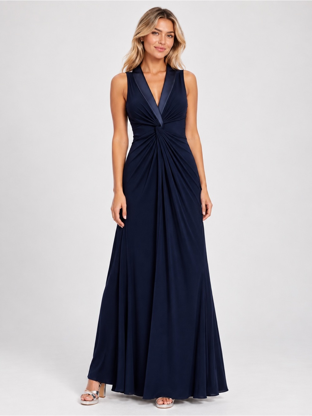 Adrianna Papell SZ 8 NWT Navy Blue Draped Twist Front Formal Maxi Gown GALA MOB